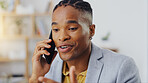Phone call, business communication and black man talking, discussion or on b2b conversation with investment contact. Chat, office consulting and male consultant networking for startup company funding
