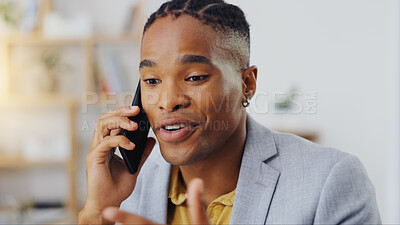 Phone call, business communication and black man talking, discussion or on b2b conversation with investment contact. Chat, office consulting and male consultant networking for startup company funding