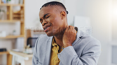 Buy stock photo Neck pain, crisis and black man with anatomy injury, bad medical emergency or office strain problem. Burnout fatigue, muscle accident and tired person, business employee or agent with stress tension