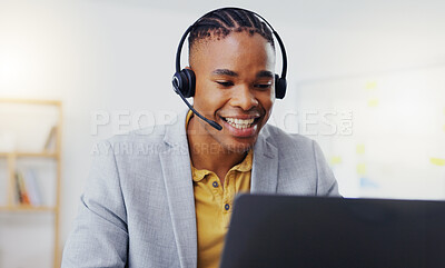 Buy stock photo Telemarketing, laptop video call and black man talking on webinar communication, online conference or telecom. Networking, call center office and customer care person consulting on support help desk