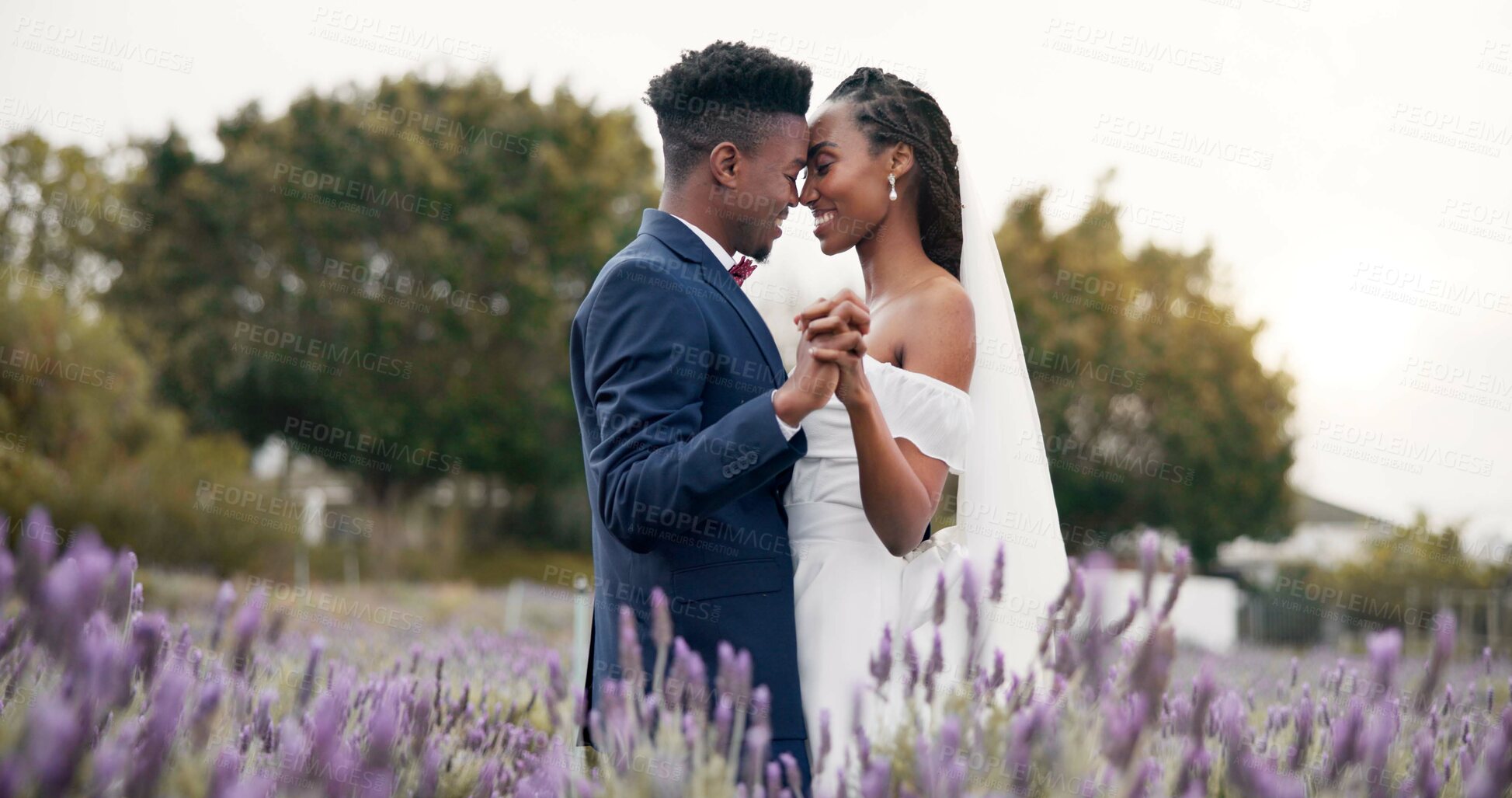 Buy stock photo Wedding, dancing and black couple in garden for reception, celebration and excited future together. Gazebo, man and woman with smile at marriage with flowers, music and happiness at party in nature.