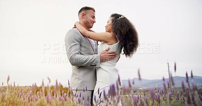 Wedding, dance and couple in garden with love, celebration and excited for future together. Field, happy man and woman at boho marriage reception with flowers, music and commitment at party in nature