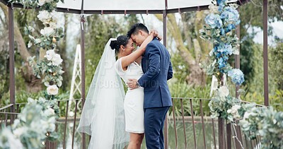 Couple, marriage and dance in connection for wedding with bride, laugh or happiness for smile. Committed partnership, support or romance for excited in unity with beauty, dress for ceremony outdoor