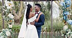 Wedding, bride and groom dancing with celebration and happiness at ceremony with life partner and commitment. Marriage, trust and black people in relationship, event decor and nature, love and care