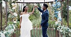 Wedding, first dance and black couple in garden with love, celebration and excited for future together. Gazebo, man and woman at marriage reception with flowers, music and happiness at outdoor party.