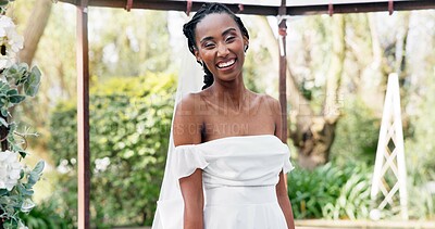Wedding, portrait of bride with smile in gazebo with garden for celebration of love, future and commitment. Outdoor marriage, flowers and plants, happy black woman in nature, sunshine and park event.