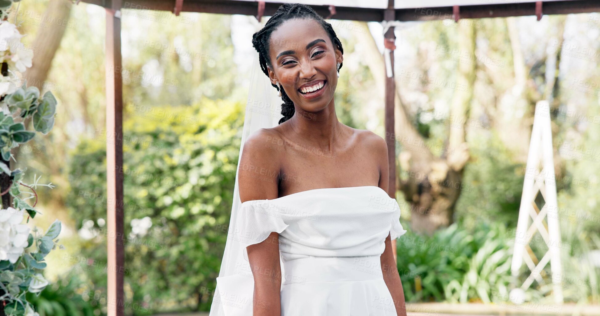 Buy stock photo Wedding, portrait of bride with smile in gazebo with garden for celebration of love, future and commitment. Outdoor marriage, flowers and plants, happy black woman in nature, sunshine and park event.