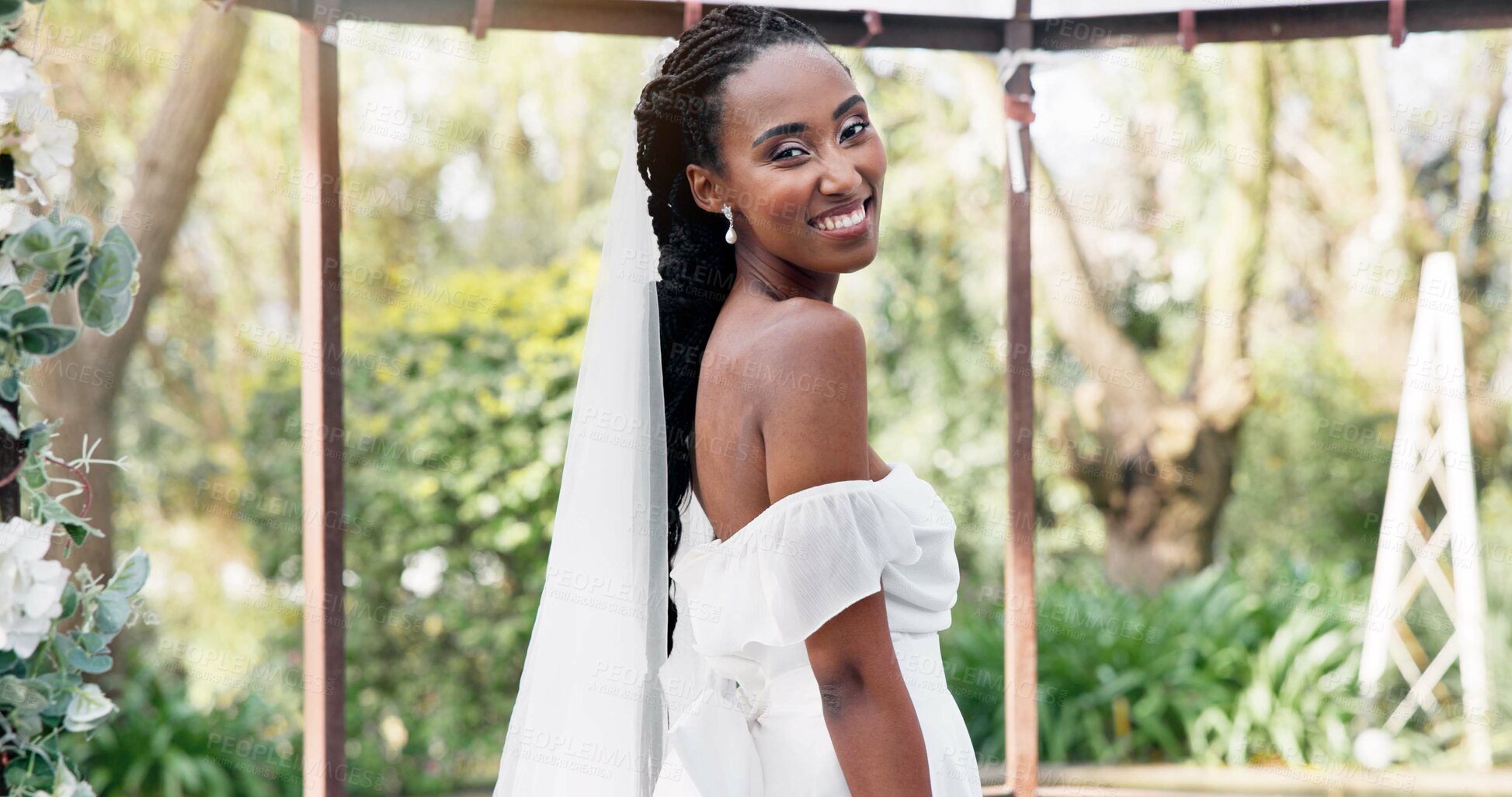 Buy stock photo Wedding in garden, bride with smile in gazebo with flowers for celebration of love, future and commitment. Outdoor marriage, ceremony and happy black woman in with nature, sunshine and floral event.