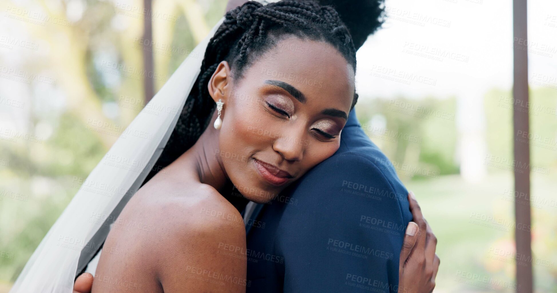 Buy stock photo Happy, face and groom dance with bride with slow motion, movement and peace in outdoor, wedding or reception. Calm, couple and woman dancing with head on man shoulder with love and support together