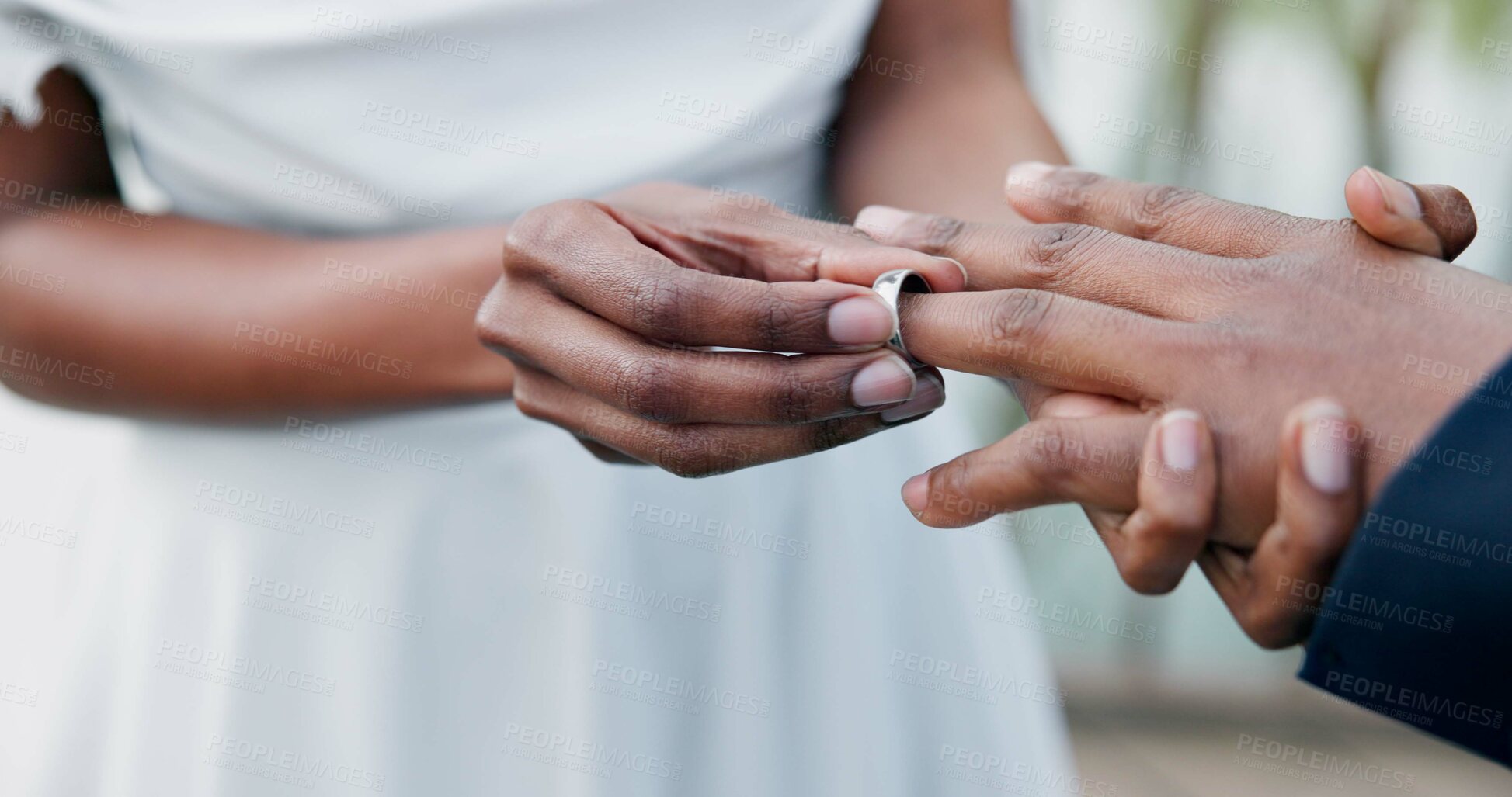 Buy stock photo Couple, holding hands and ring for marriage, commitment or wedding in ceremony, love or support. Closeup of people getting married, vows or accessory for symbol of bond, relationship or partnership