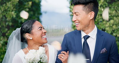 Couple, flower confetti and wedding event with walk, outdoor or happy laugh in nature. Woman, Asian man and excited for marriage, floral bouquet and love with care in park, party or together in aisle