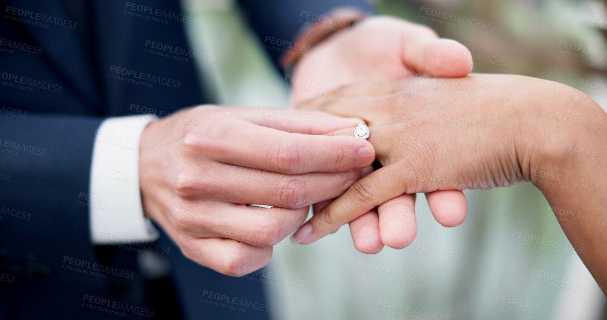 Buy stock photo Couple, hands and ring for marriage, love or wedding in ceremony, commitment or support together. Closeup of people getting married, vows or accessory for symbol of bond, relationship or partnership