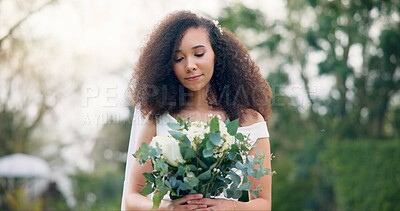 Park, wedding and face of woman with flowers, beauty and smile outdoor for garden celebration. Roses, bride and portrait of lady with bouquet for special, event or elegant marriage ceremony in nature