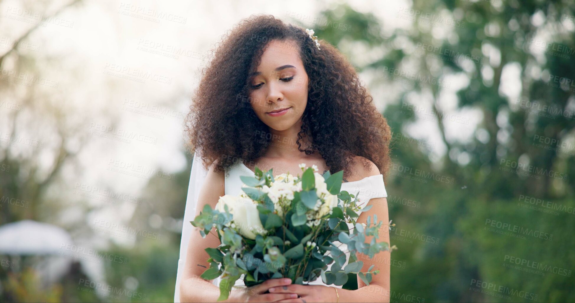 Buy stock photo Park, wedding and face of woman with flowers, beauty and smile outdoor for garden celebration. Roses, bride and portrait of lady with bouquet for special, event or elegant marriage ceremony in nature