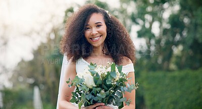 Wedding in garden, portrait of bride with flower bouquet and smile for celebration of love, future and commitment. Outdoor marriage ceremony, excited and happy woman with plants, nature and beauty.