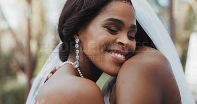 Lesbian, marriage and couple hug at wedding for commitment, love celebration and ceremony. Relationship, African and women dance for lgbt, queer and gay romance for connection, care and bonding