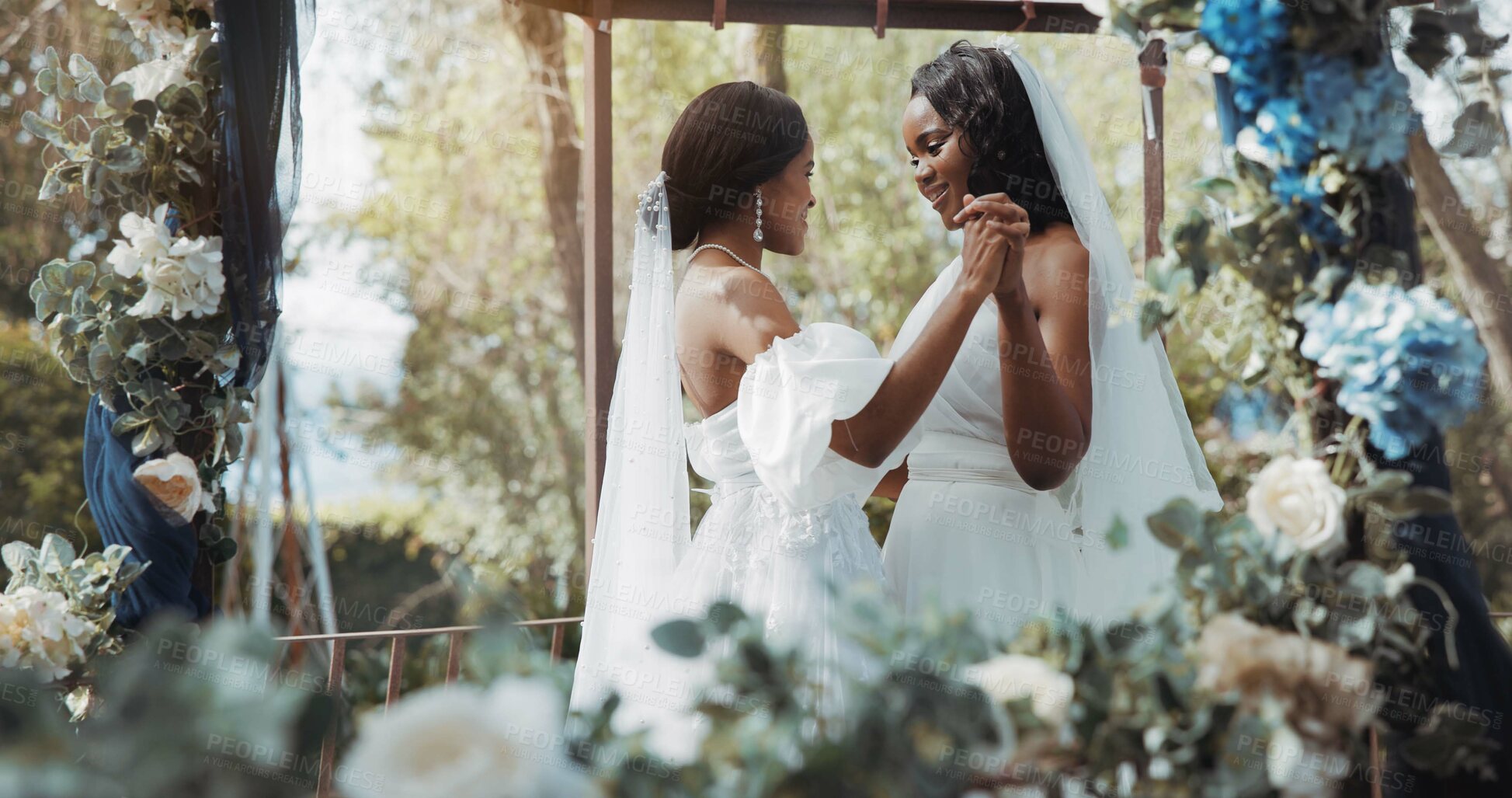 Buy stock photo Lesbian, wedding and dance in garden for celebration or love for diversity or commitment, outside and dress. Black women, married and happy with trust for event or romance, ceremony for partnership