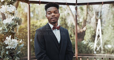 Wedding, black man and groom waiting outdoor with anxiety, stress and happy for ceremony or commitment in nature. Marriage, person and formal getting ready in aisle for partner with tuxedo and style
