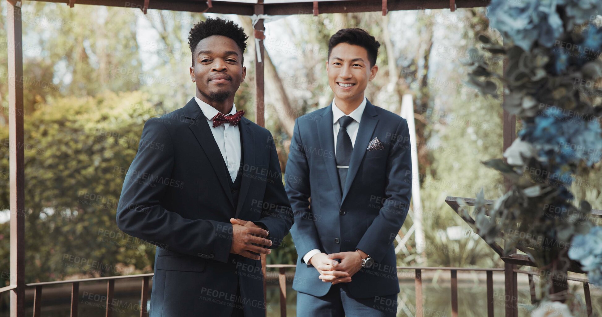 Buy stock photo Groom, waiting and black man at wedding for love at romantic and formal ceremony or event for marriage. Walking, people and man happy or smile for commitment celebration with happiness in church