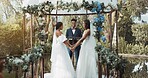 Women, lesbian wedding and ceremony outdoor with priest for love, celebration or together for commitment. Gay marriage, event and party with bride, black man or vows in nature, lgbtq couple or garden