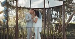 Couple, wedding and dance to celebrate marriage or commitment in garden for love, unity or dress. Happy partnership, trust or bride with groom in respect for together in gratitude, romance or support