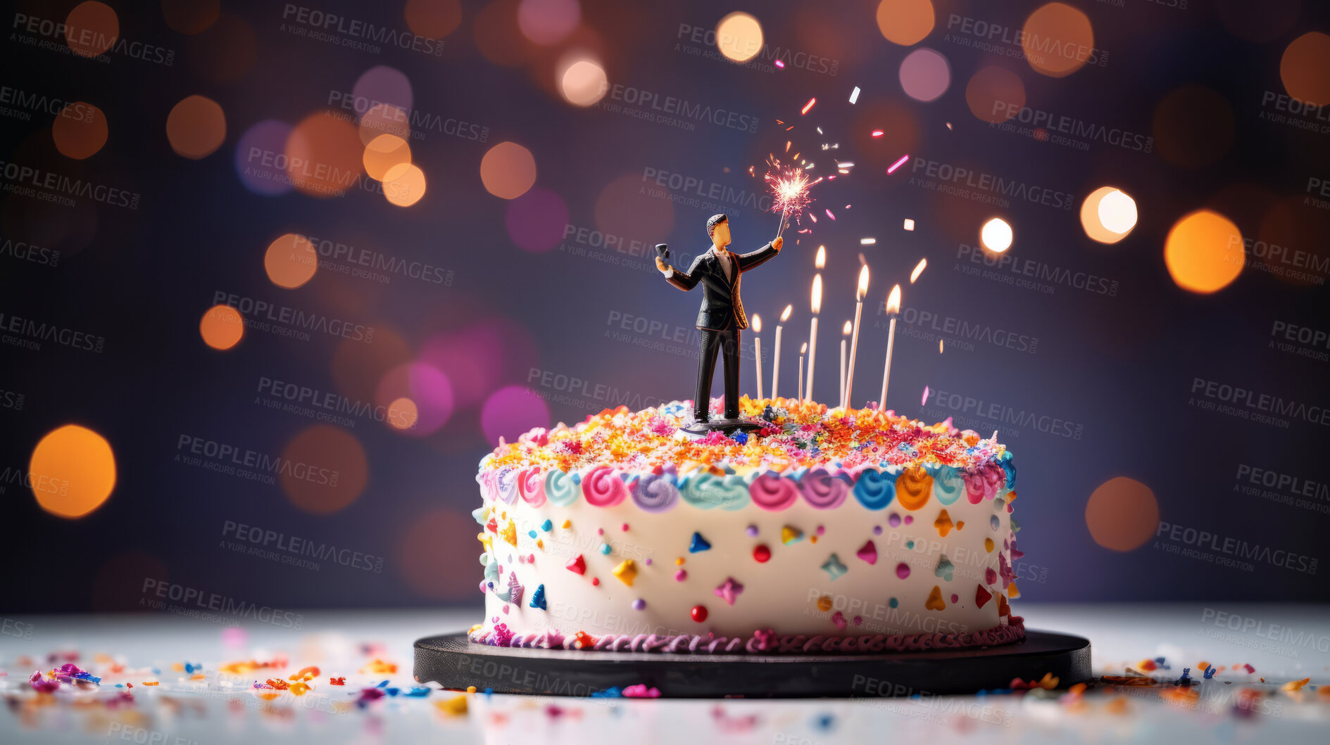 Buy stock photo Close-up shot of a decorated birthday cake. Beautiful cake for anniversary or celebration