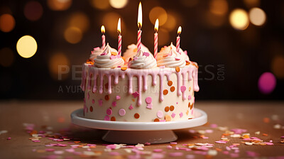Close-up shot of a decorated birthday cake. Beautiful cake for anniversary or celebration