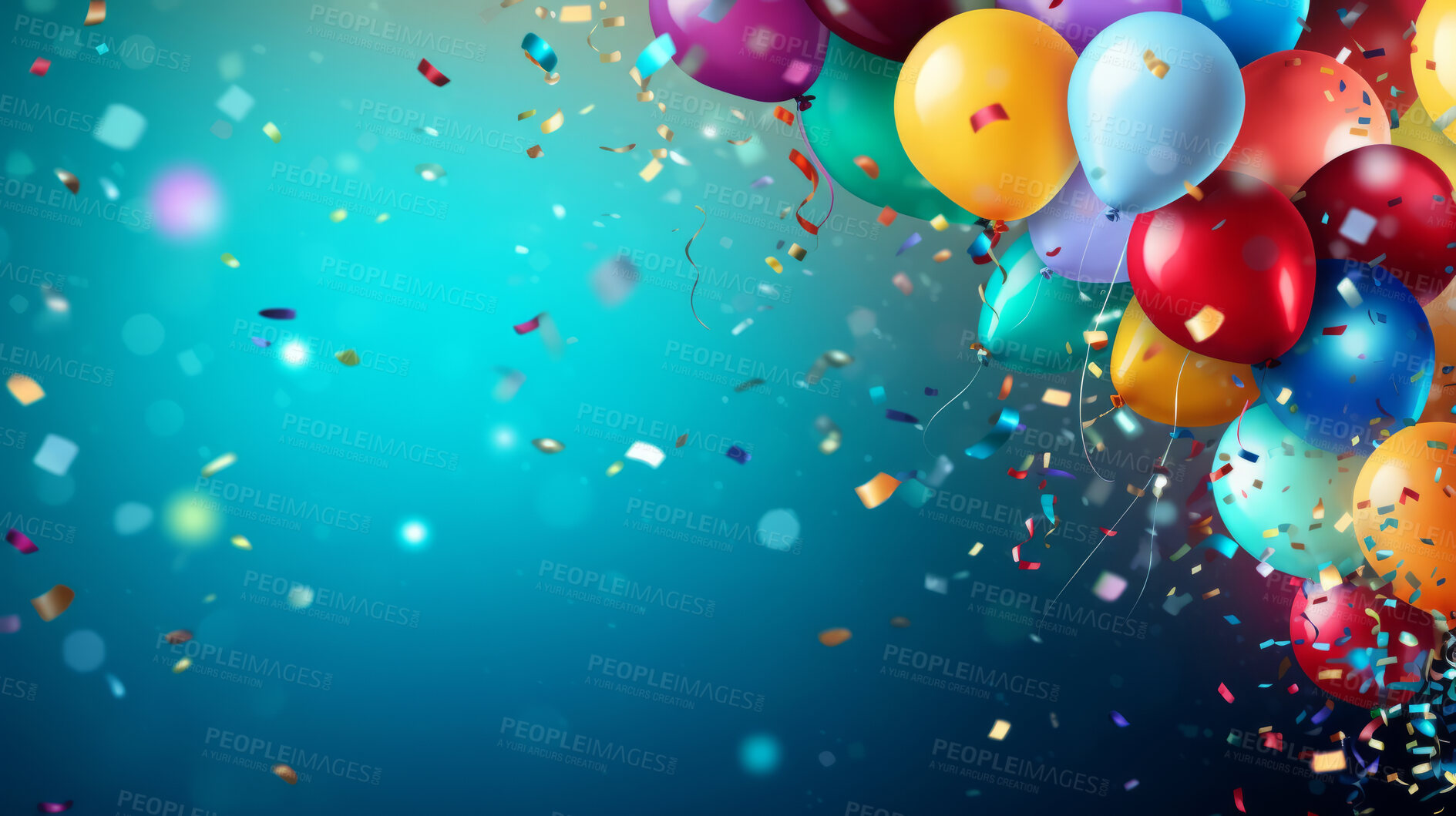 Buy stock photo Colorful border with balloons and confetti. Composition with birthday decor