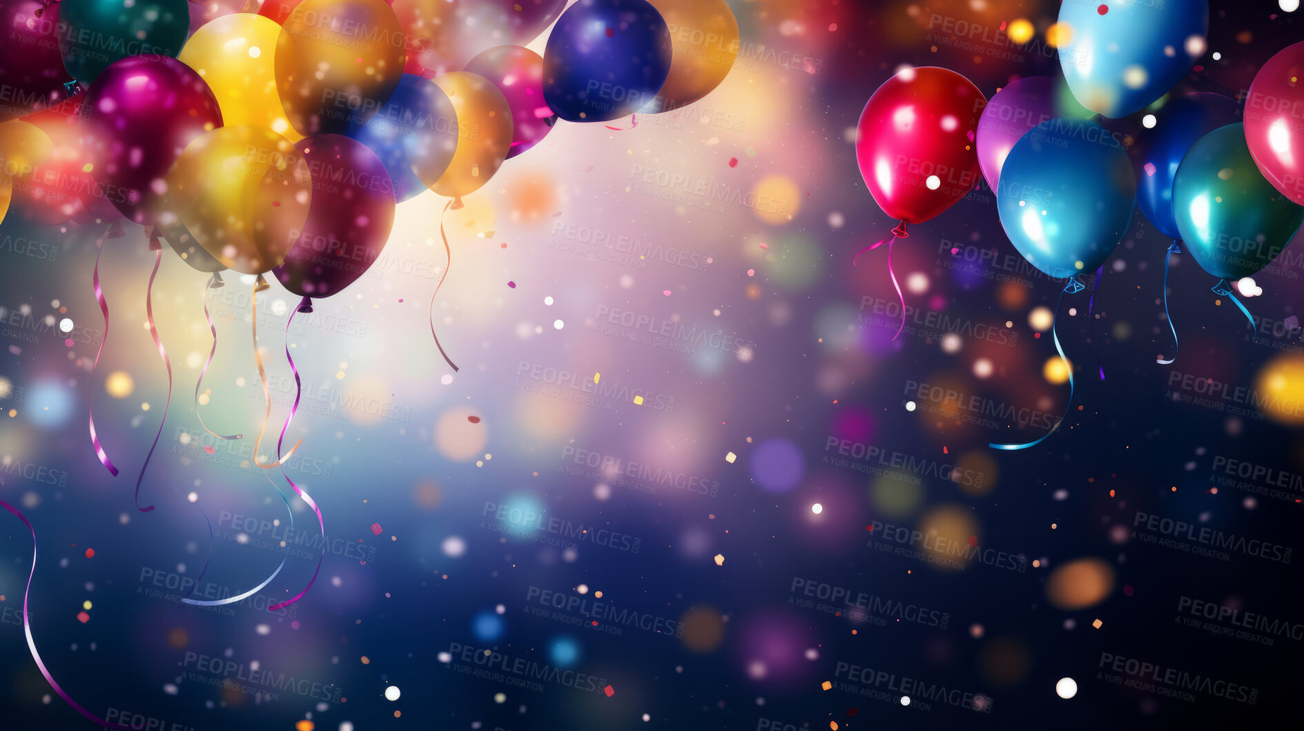 Buy stock photo Colorful border with balloons and confetti. Composition with birthday decor