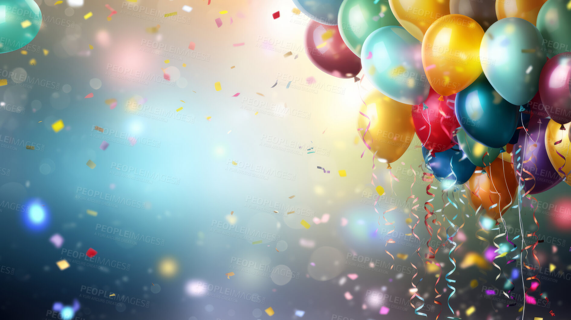 Buy stock photo Colorful border with balloons and confetti. Composition with birthday decor