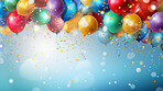 Colorful border with balloons and confetti. Composition with birthday decor