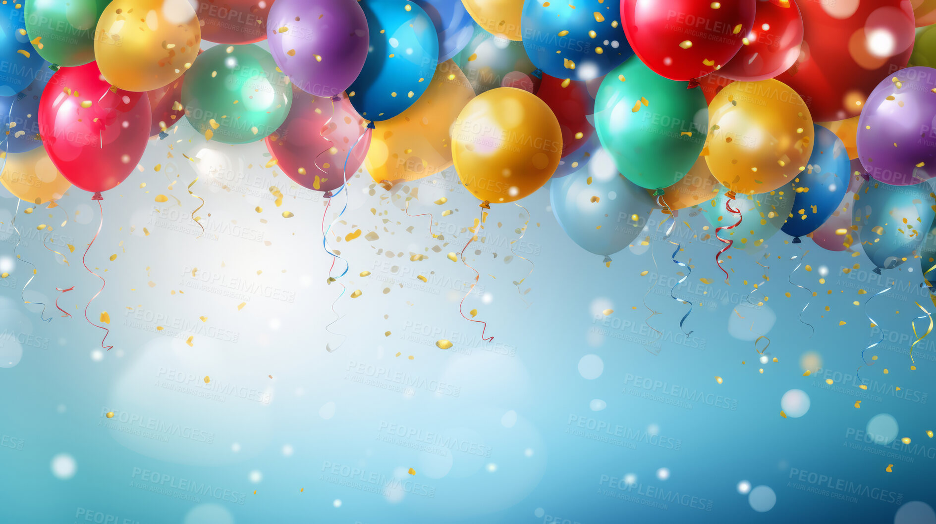 Buy stock photo Colorful border with balloons and confetti. Composition with birthday decor