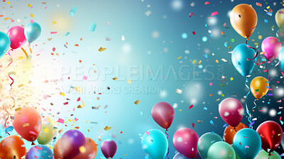 Colorful border with balloons and confetti. Composition with birthday decor
