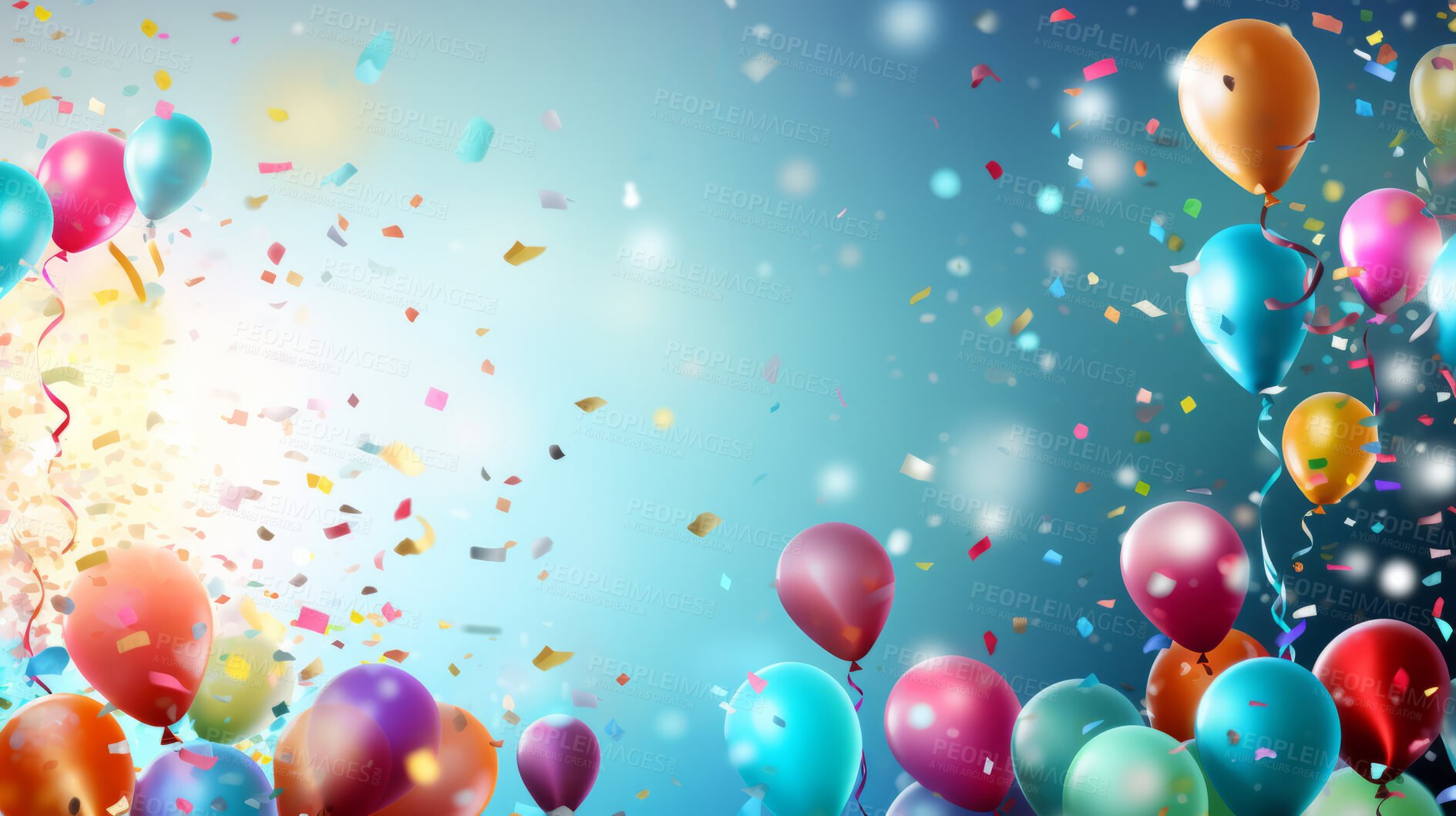 Buy stock photo Colorful border with balloons and confetti. Composition with birthday decor