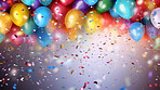 Colorful border with balloons and confetti. Composition with birthday decor