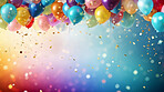 Colorful border with balloons and confetti. Composition with birthday decor