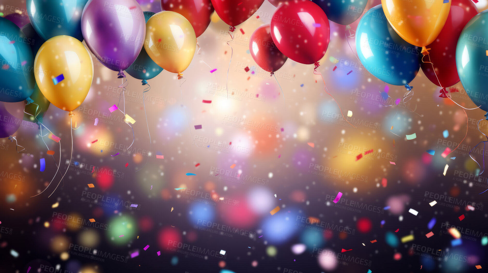 Buy stock photo Colorful border with balloons and confetti. Composition with birthday decor