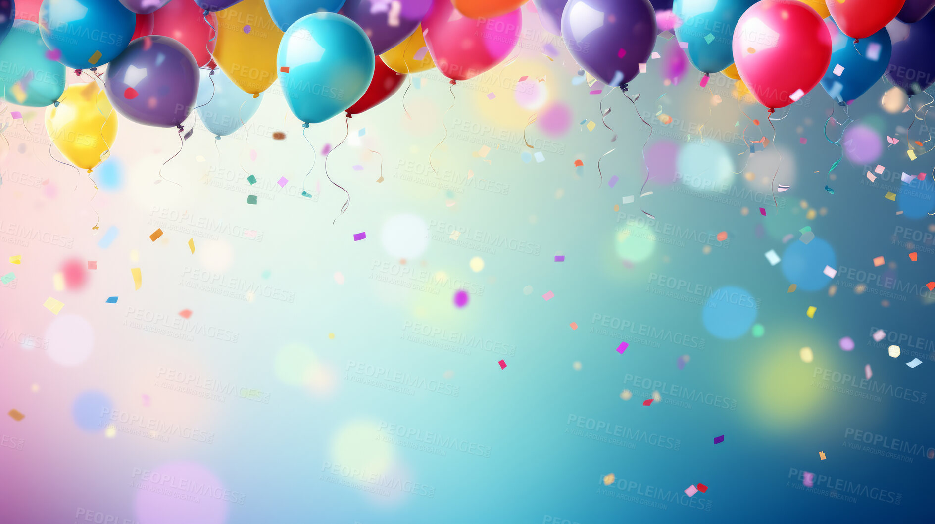 Buy stock photo Colorful border with balloons and confetti. Composition with birthday decor