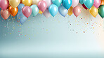 Colorful border with balloons and confetti. Composition with birthday decor