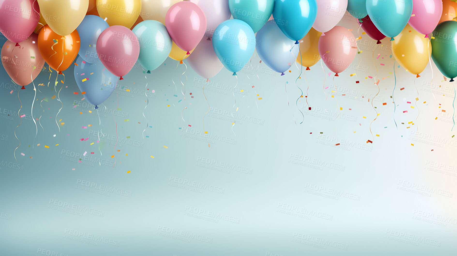 Buy stock photo Colorful border with balloons and confetti. Composition with birthday decor