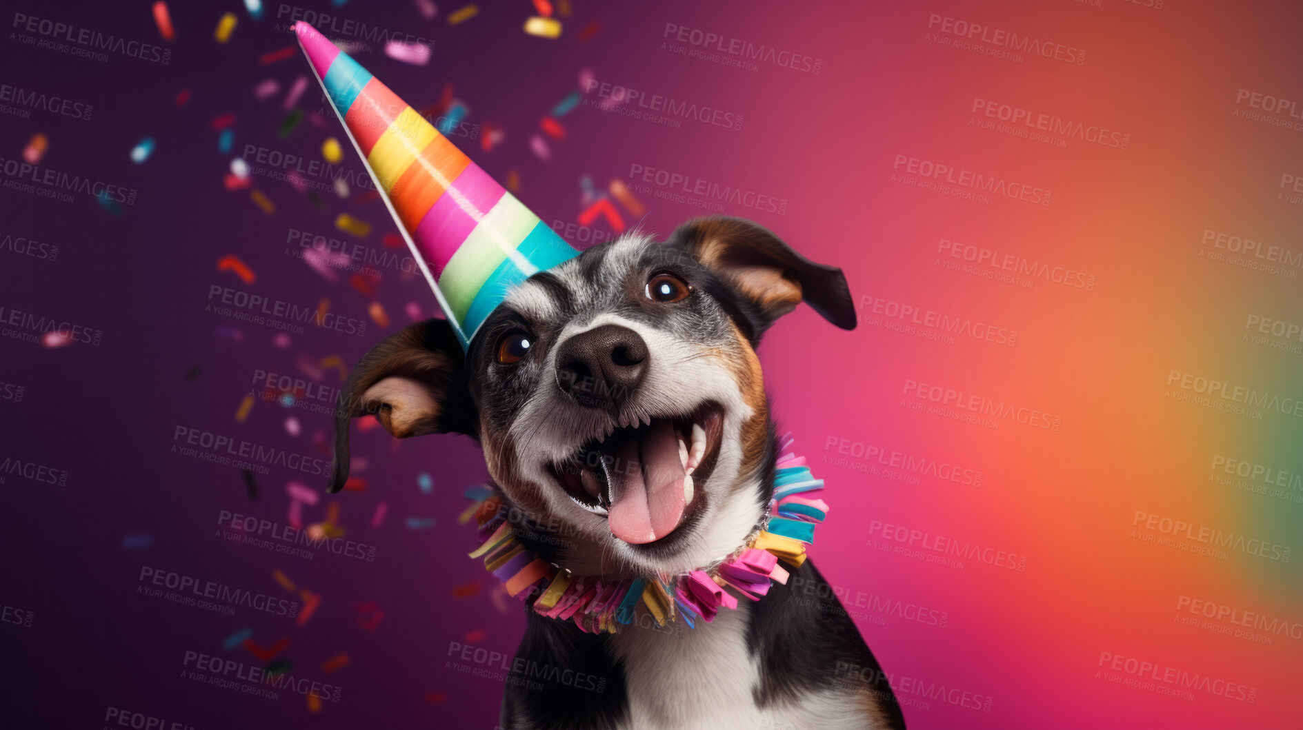 Buy stock photo Portrait of a cute dog wearing a party hat for birthday celebration