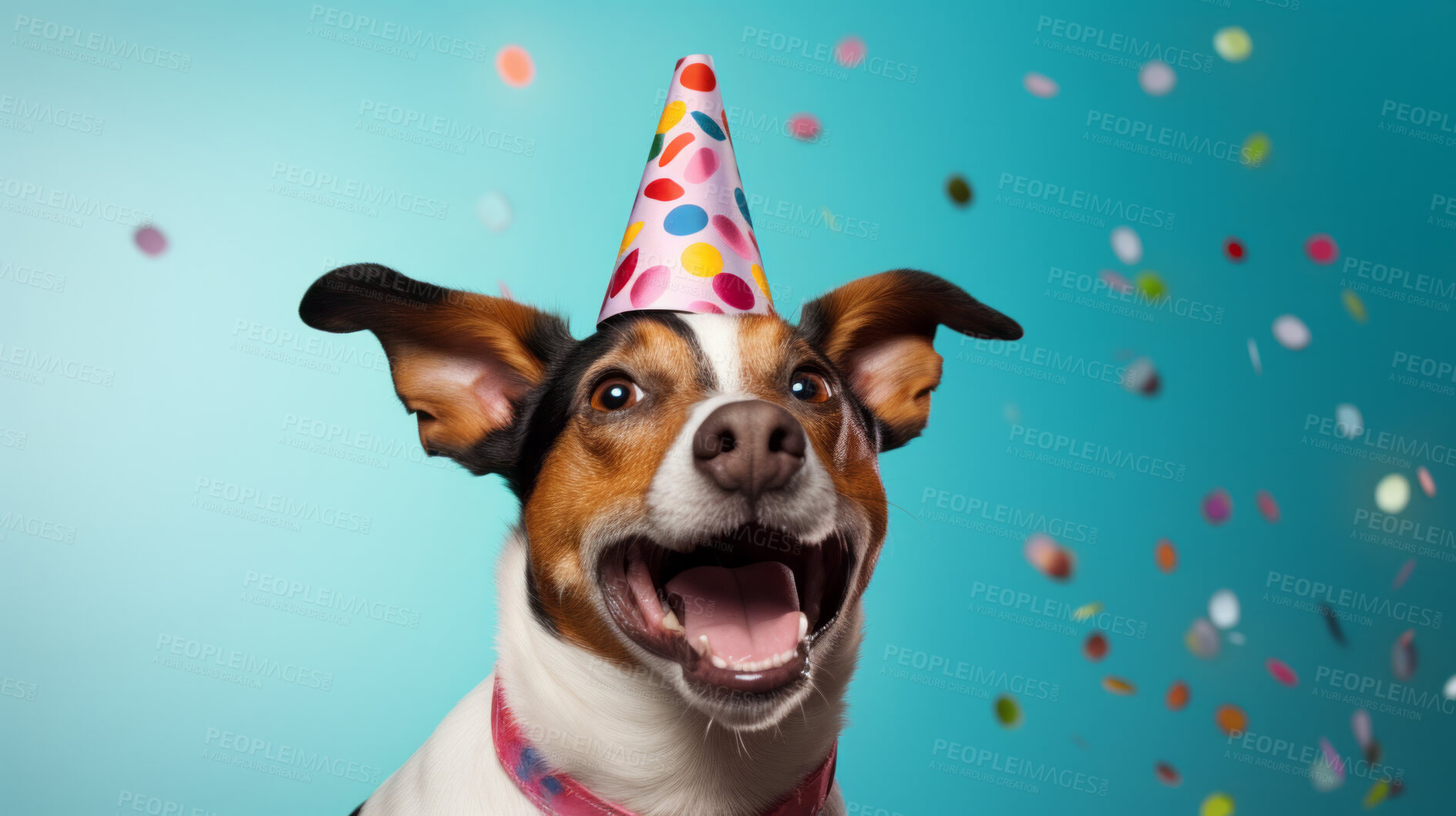 Buy stock photo Portrait of a cute dog wearing a party hat for birthday celebration