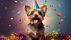 Portrait of a cute dog wearing a party hat for birthday celebration