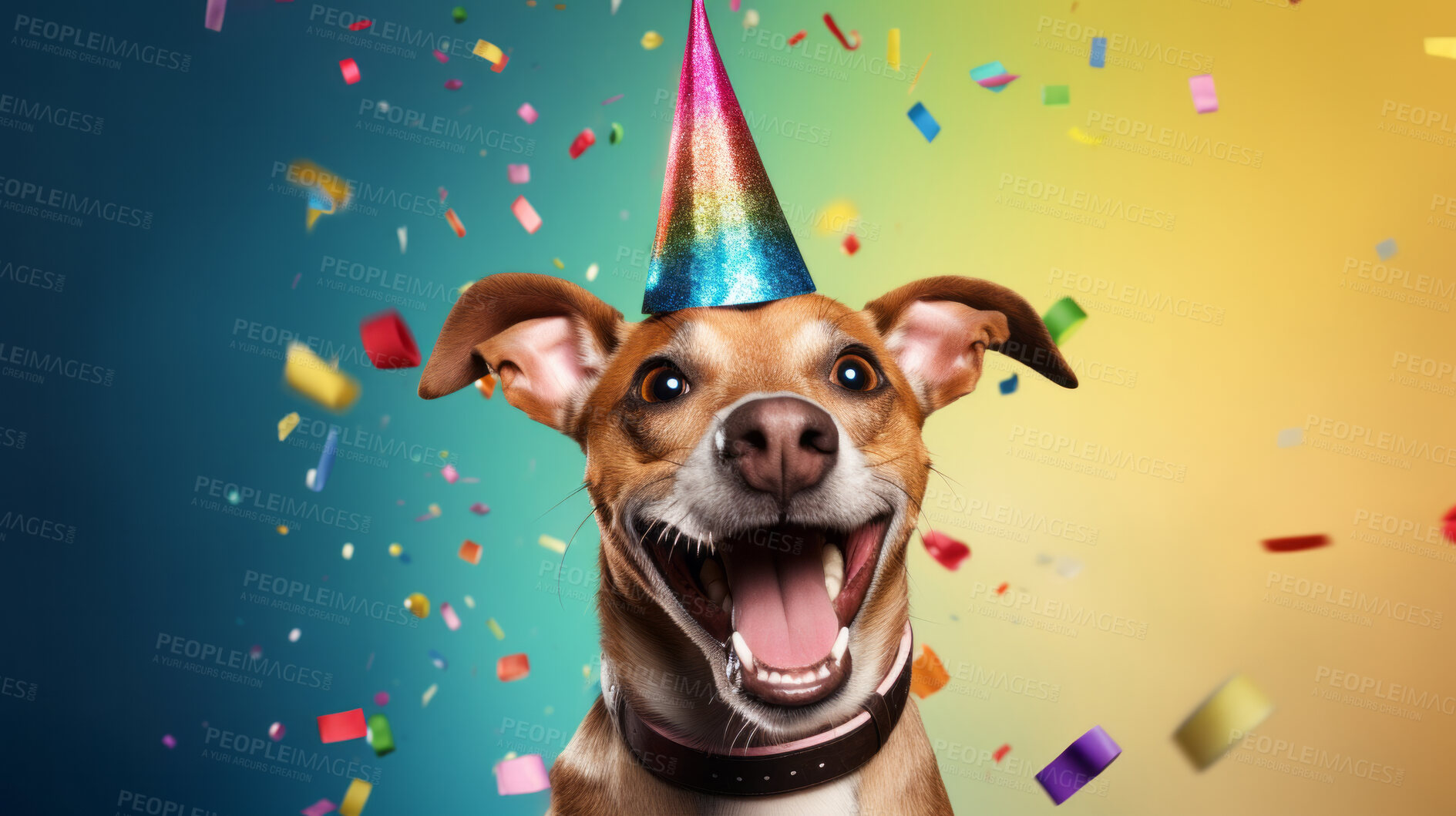 Buy stock photo Portrait of a cute dog wearing a party hat for birthday celebration