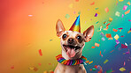 Portrait of a cute dog wearing a party hat for birthday celebration