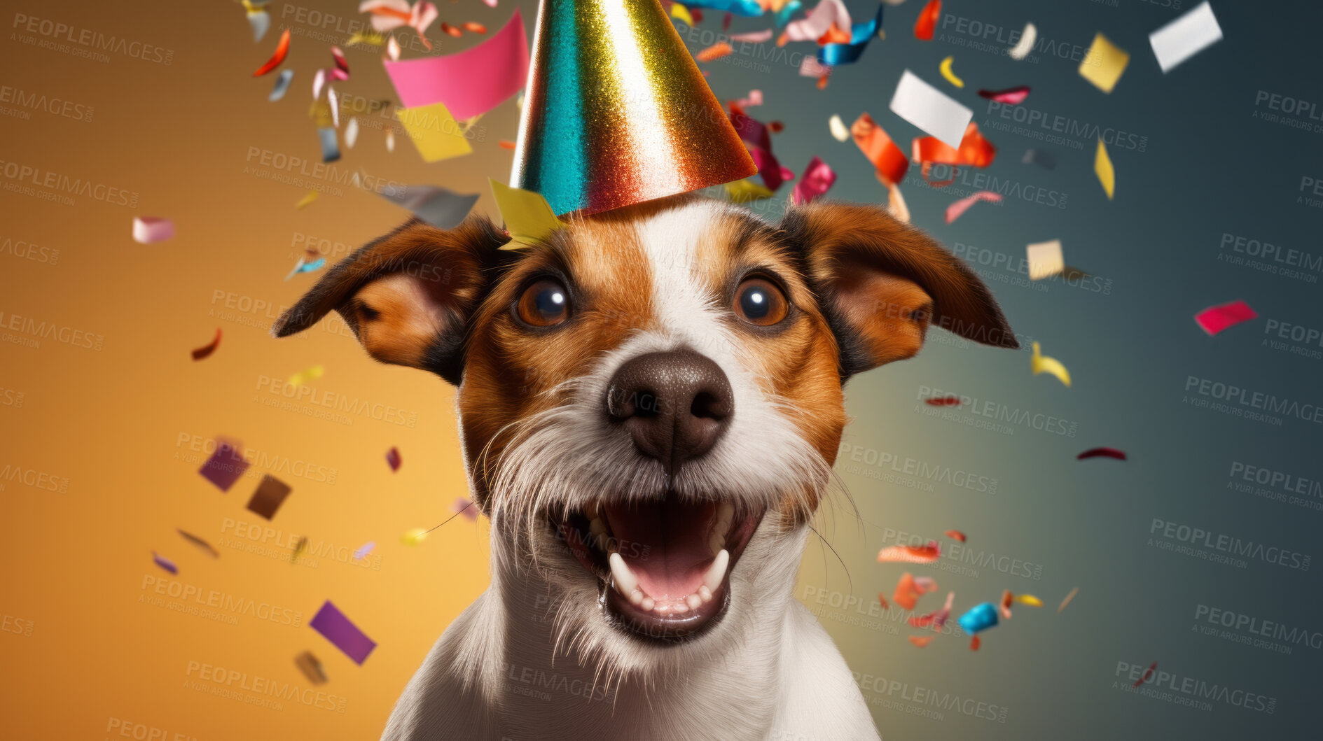 Buy stock photo Portrait of a cute dog wearing a party hat for birthday celebration