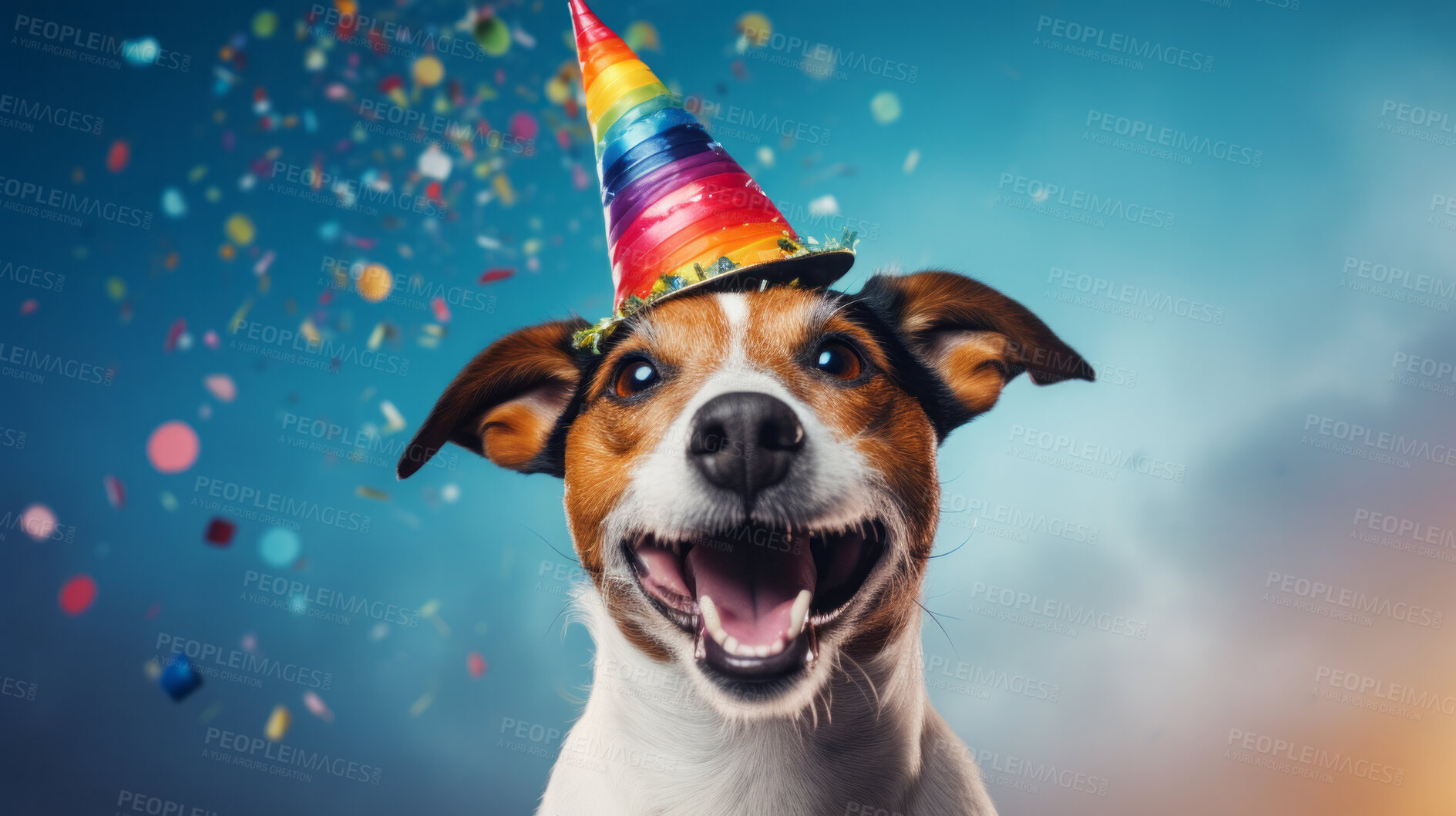 Buy stock photo Portrait of a cute dog wearing a party hat for birthday celebration