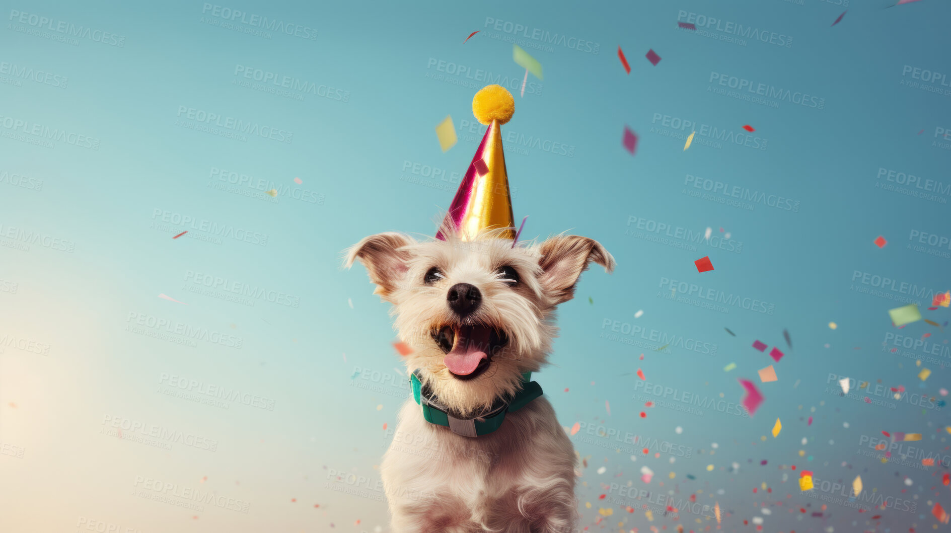 Buy stock photo Portrait of a cute dog wearing a party hat for birthday celebration