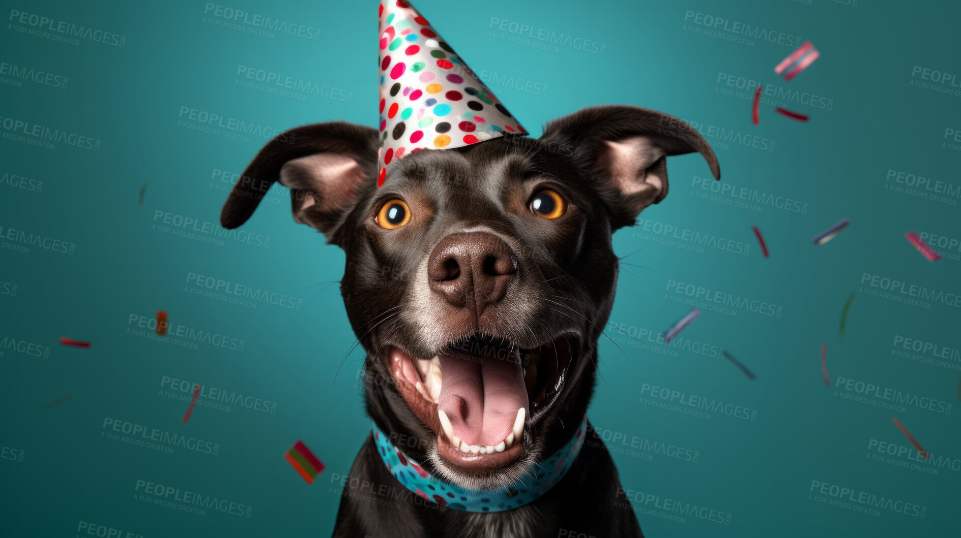 Buy stock photo Portrait of a cute dog wearing a party hat for birthday celebration