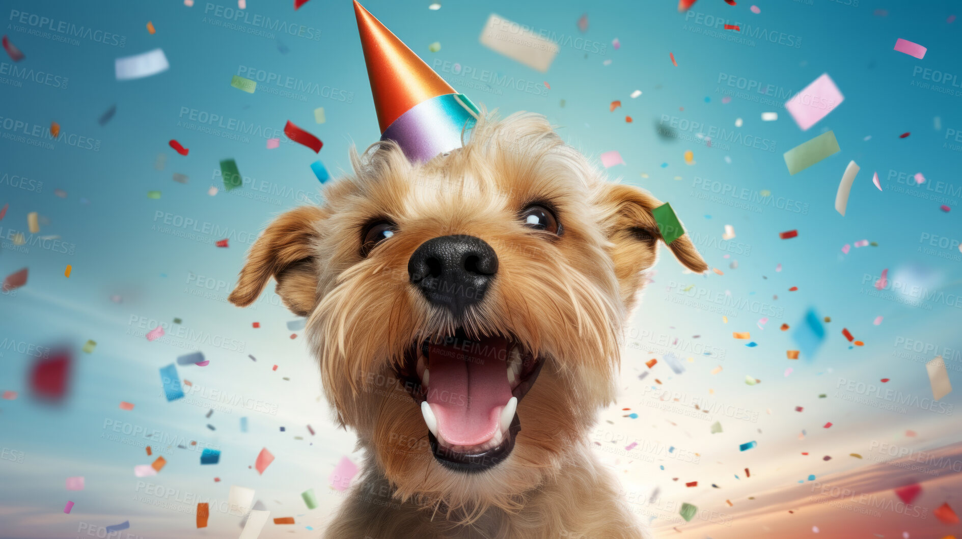 Buy stock photo Portrait of a cute dog wearing a party hat for birthday celebration